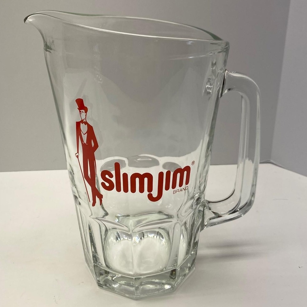 Vintage Slim Jim Brand Glass Beer‎ Pitcher Red Graphic Man Top Hat Cane